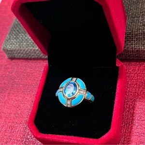 Pre-Loved Authentic 14K Yellow Gold with Blue Topaz; Diamonds Turquoise Ring